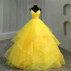 2023 nowa moda prosta żółta sukienka na Quinceanera paski Spaghetti marszczona Organza Vestidos De 15 debiutantka suknia boho księżniczka