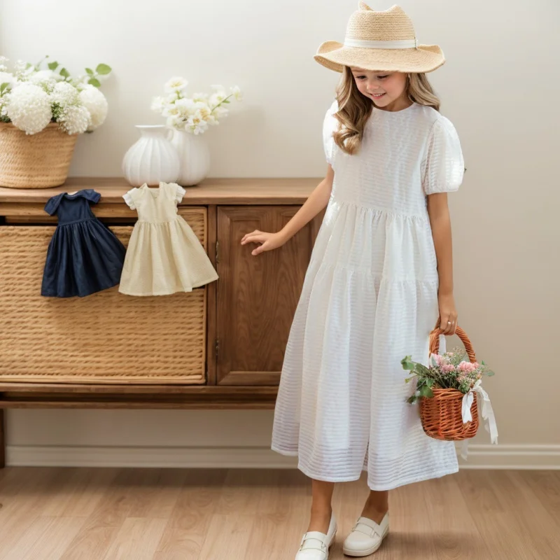 

2025Girls' Formal Dress Princess Dress Children's Clothing Round Neck Dress Medium and Large Children's Catwalk Host Long Dress