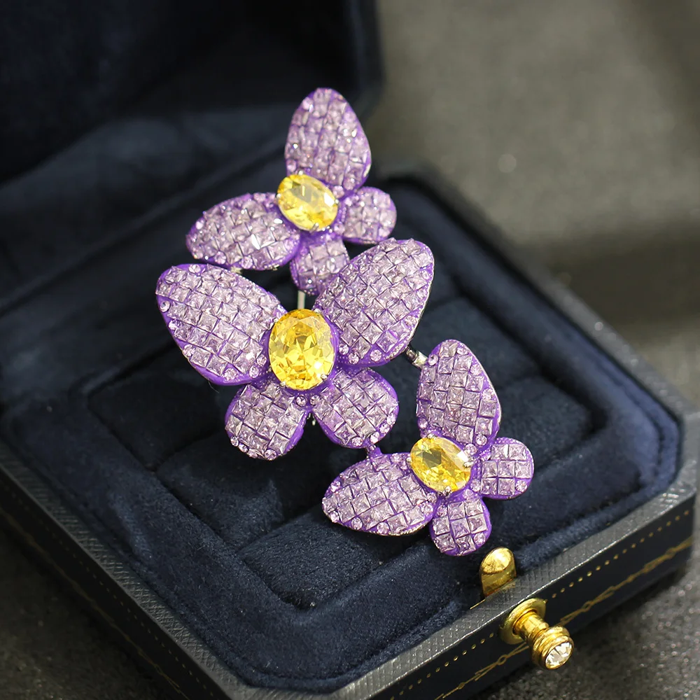 Heavy Purple Crystal Triple Butterfly Brooch, Yellow Crystal Center Suit Lapel Pin