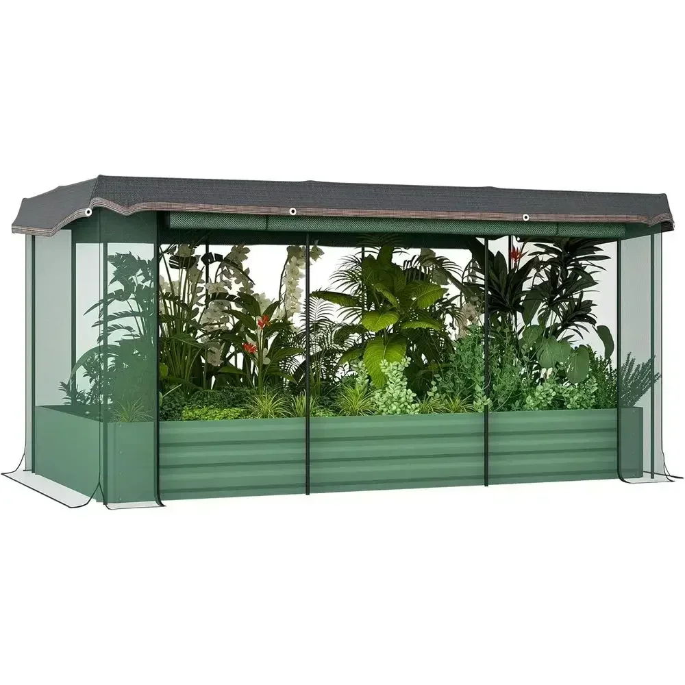 7.3' x 3.4' Galvanized Raised Garden Bed with Crop Cage, Plant Protection Net, and Shade Cloth for Vegetables, Flowers, Herbs, G