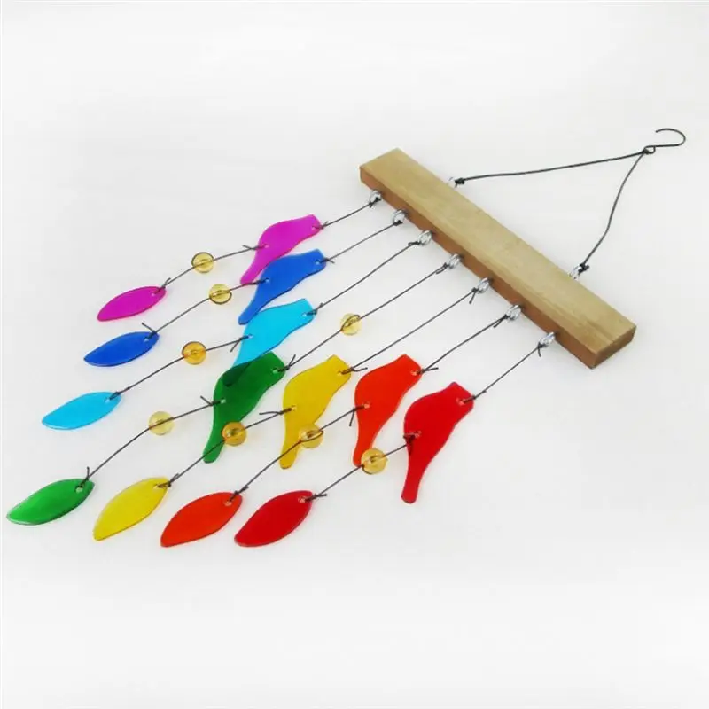B84B Handmade Crystal Glass & Driftwood Wind Chimes, Sandblasted Glass Bird Leaf Pendant, Courtyard Garden Decor, Easy Install