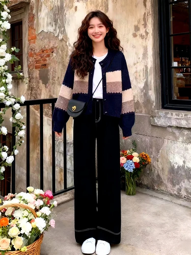 

Women's Autumn Winter Faion Set Korean Sle Striped Sweater Cardigan Straight Leg Jeans Two Piece Suit Casual Winter Outfit