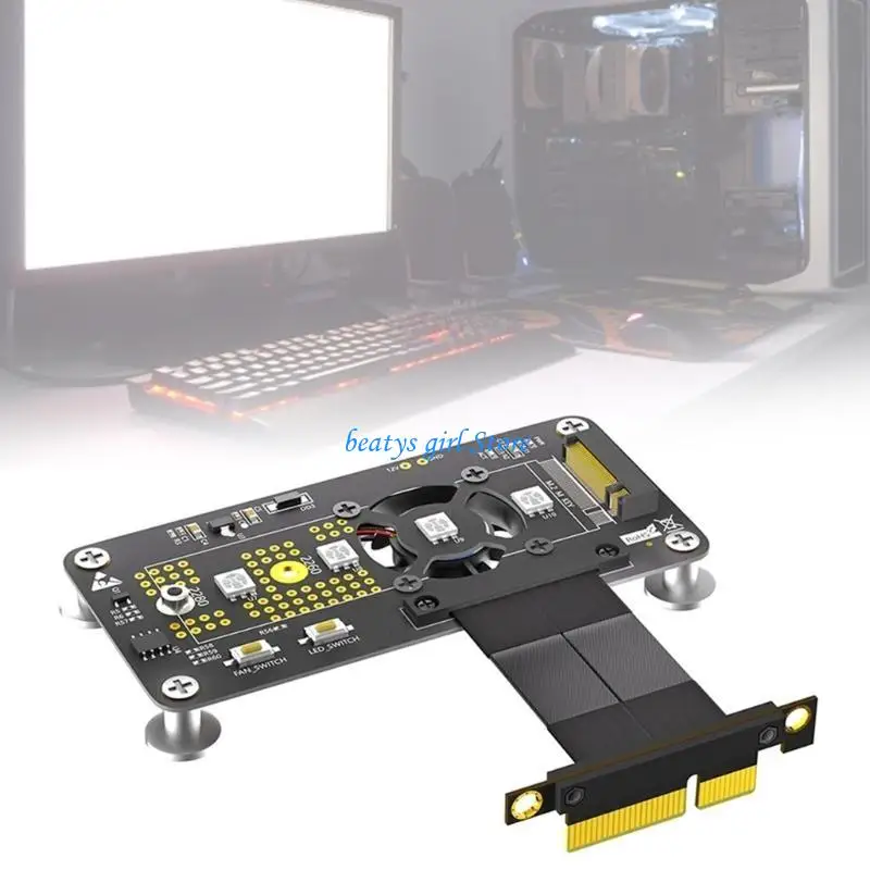 

C7AB 5/10CM PCIExpress 4X to mKey Converter NVME to PCIE Extension Cable Expansion Board with Cooling Fan LED Lights