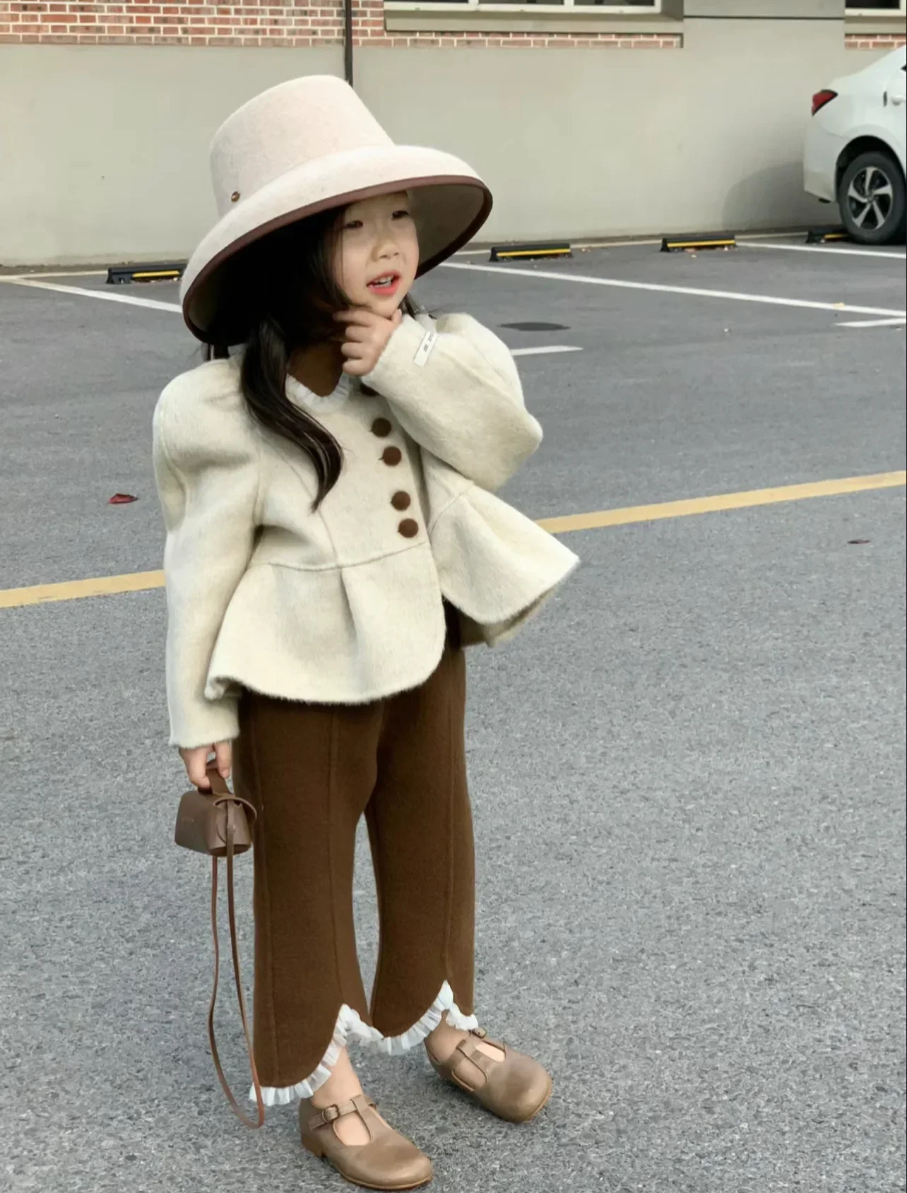 Children Clothes Suit 2026 Winter Korean Version of The Girl Small Fragrance Fashion Lapel Short Woolen Coat Lace Trouser Suit