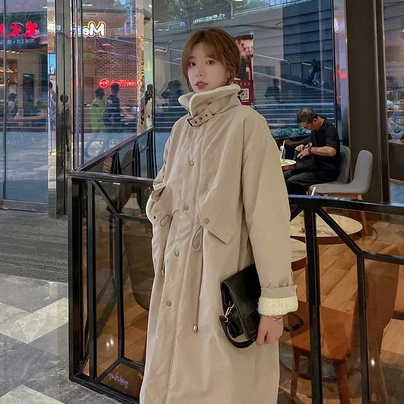 2023 Lamb Fleece Cotton Suit Women\'s Winter Mid length Knee Length Lamb Hair ins Thickened Parker Korean Stand Neck Loose Coat