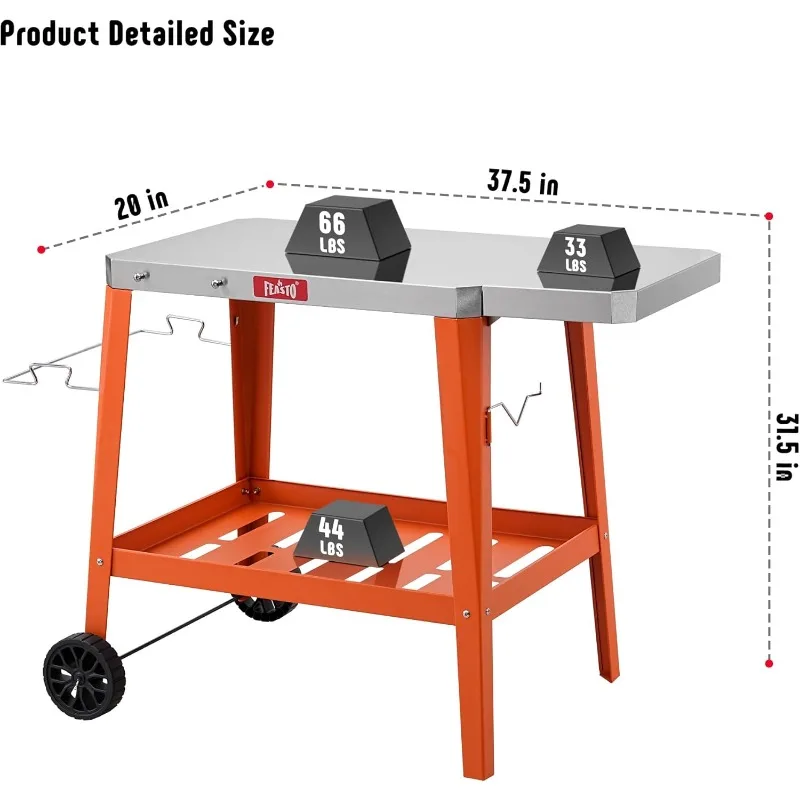 Carrinho de mesa para grelhar ao ar livre, mesa para forno de pizza com rodas, bancada de aço inoxidável com mesa de extensão dobrável