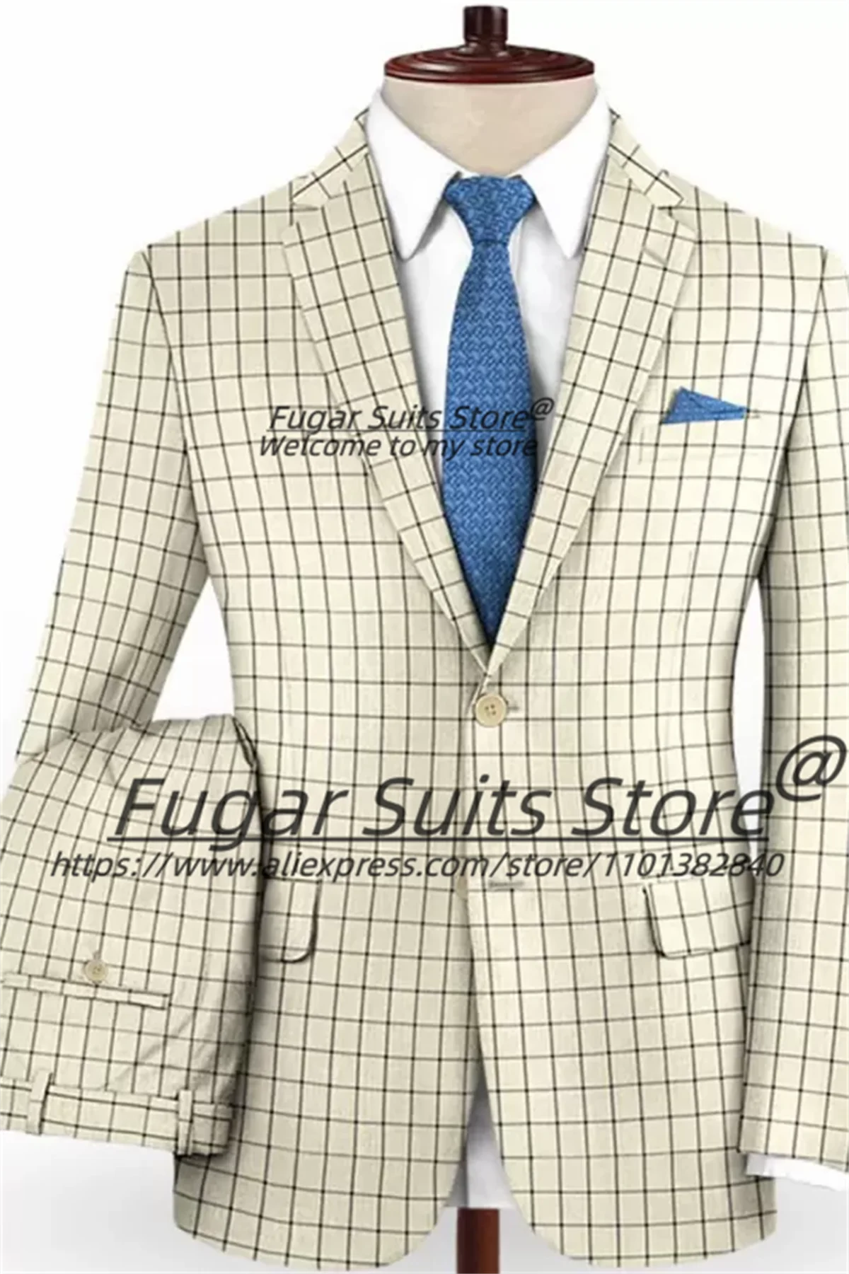 European style Beige Plaid Groom Prom Tuxedos Slim Fit Notched Lapel Men Suits 2 Pieces Sets Handsome Male Blazers Ropa Hombre