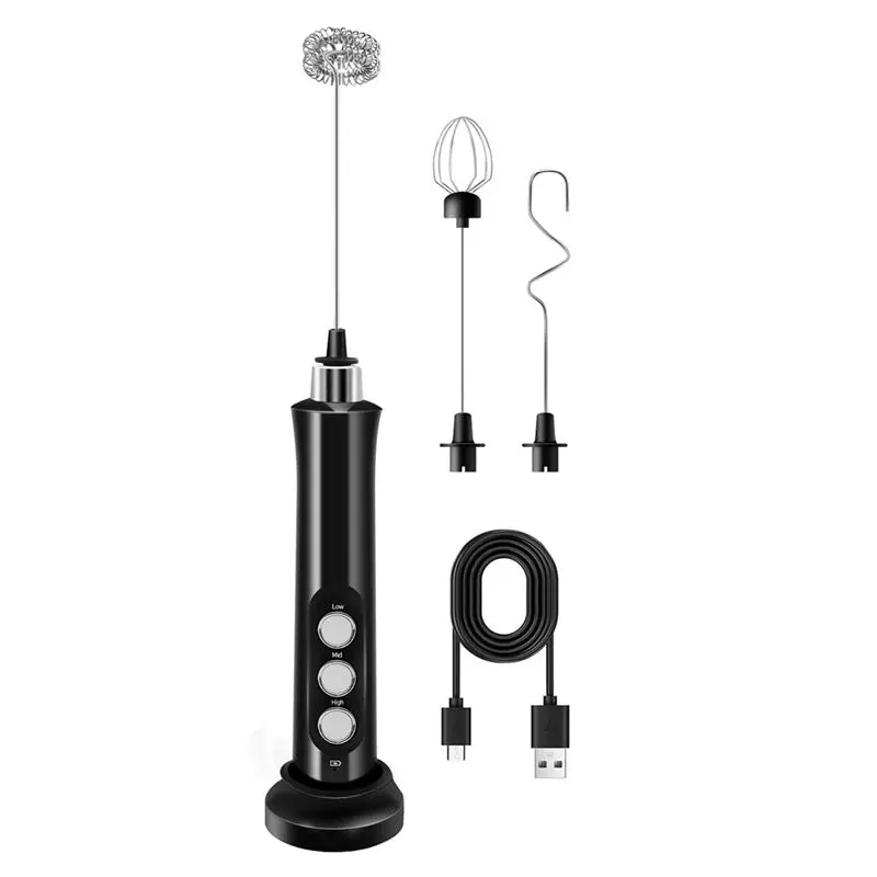 J1UL1N Electric Milk Frother Rechargeable Handheld With 3 Detachable Stainless Steel Whisks, 3 Speed Adjustable Foam Maker