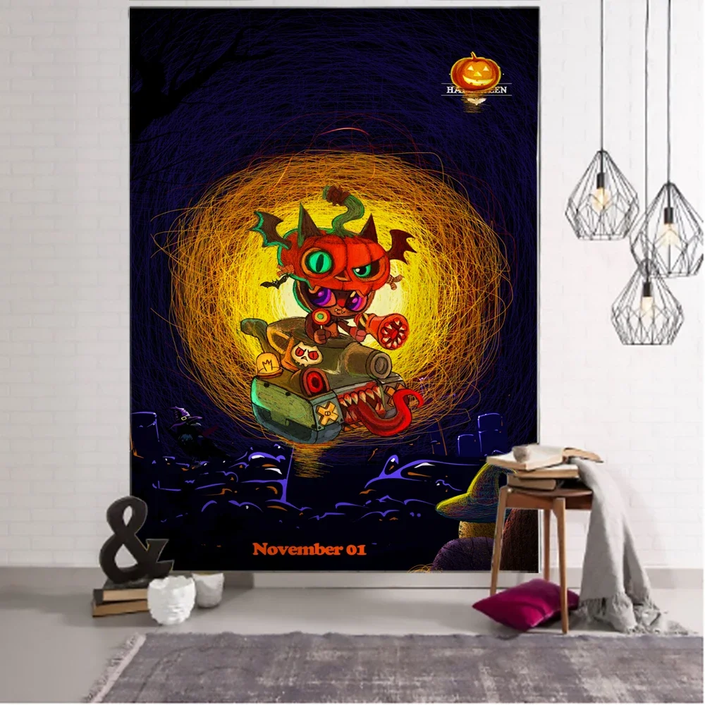 2020 Halloween Tapestry Cute Funny Cartoon Pattern Childrens Party Decorate Witch Pumpkin Bohemian Psychedelic Tapiz Witchcraft