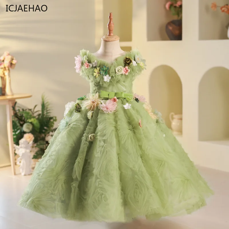 Green Floral Princess Dress for Kids Elegant Summer Birthday Party Dresses Girls Flower Childrens Formal Gown Vestidos Costumes