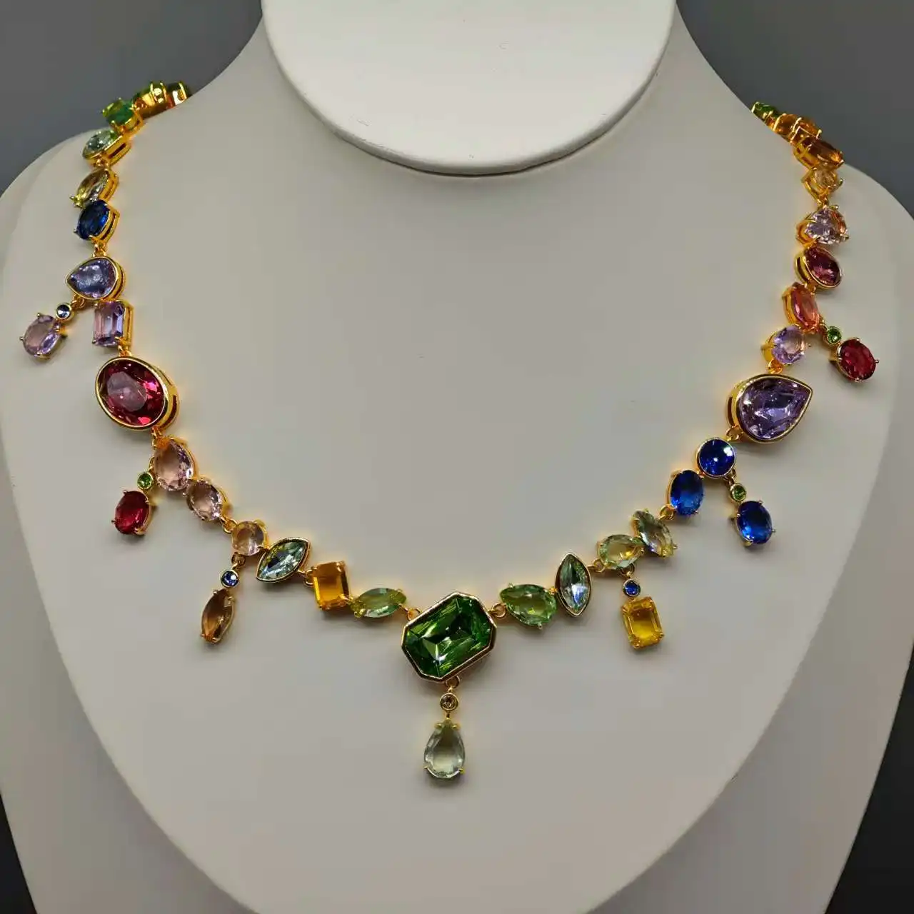 

Rainbow Crystal Cluster Necklace, Gold Plated Mixed Cut Gemstone Choker for Evening Wear