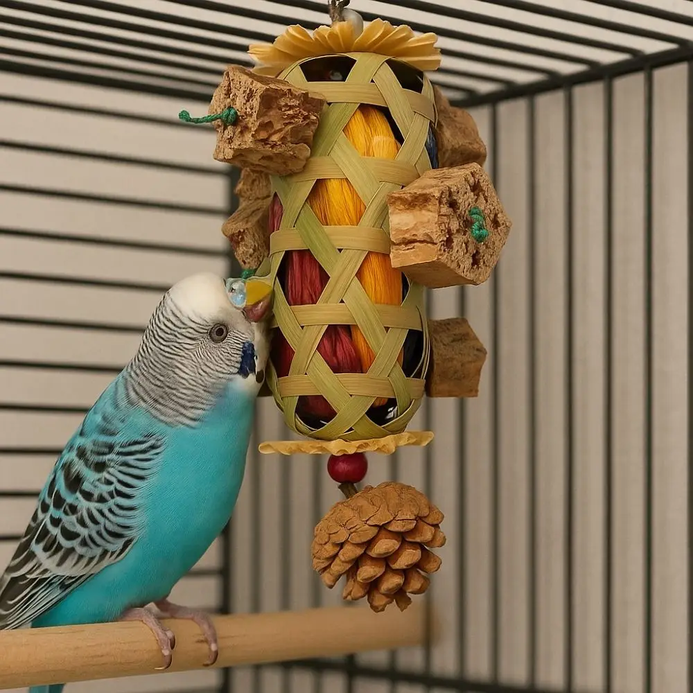 Bite Resistant Pet Bird Chew Toy Bamboo Woven Colorful Parrot Foraging Basket Hanging Cornhusk Pinecone Toy for African Birds view 5