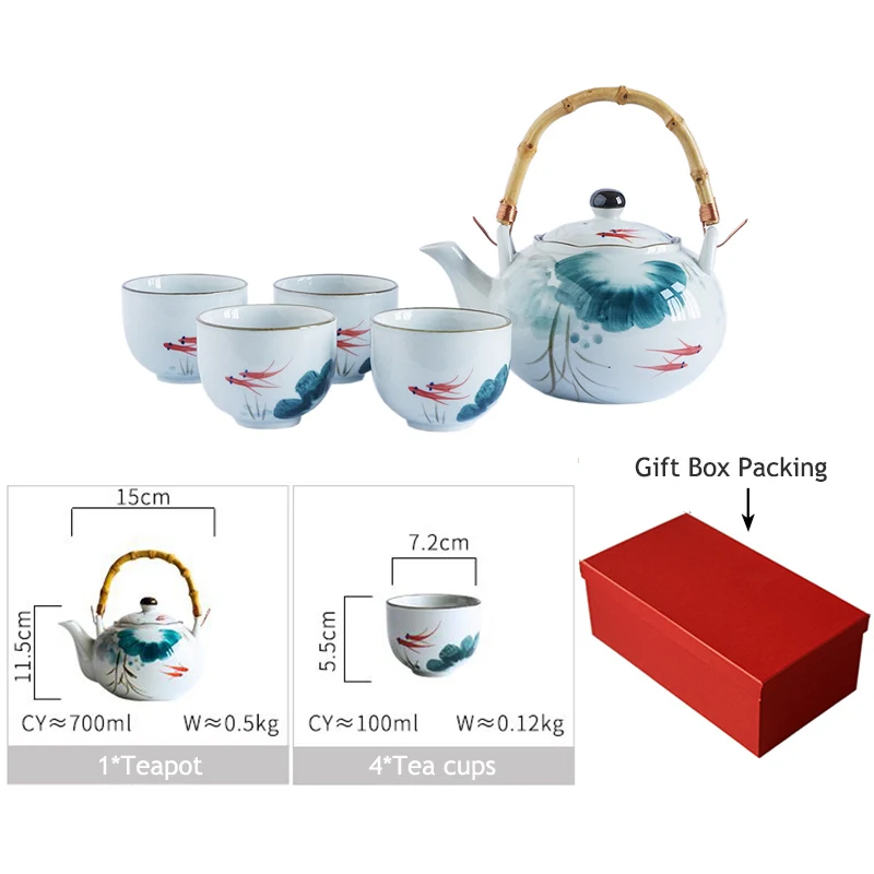 Set of Ceramic Goldfish Tea Pot Tea Cup Water Cup Lotus Design Tea Kettle Set (4 cups+1 teapot)