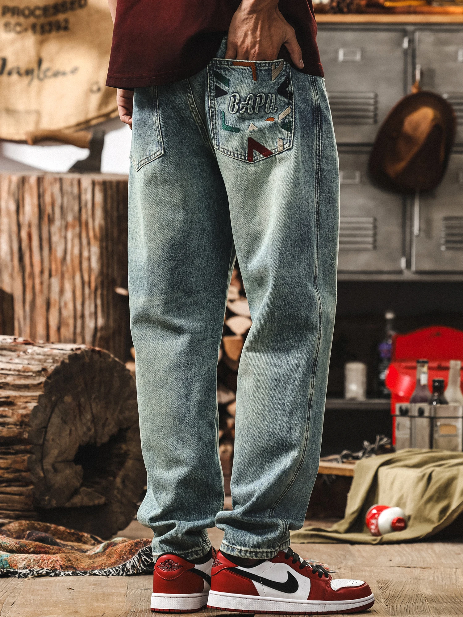 

American Retro Embroidered Jeans Men's Straight Loose Casual Pants Autumn Season Versatile Comfortable Breathable Cotton Poly...