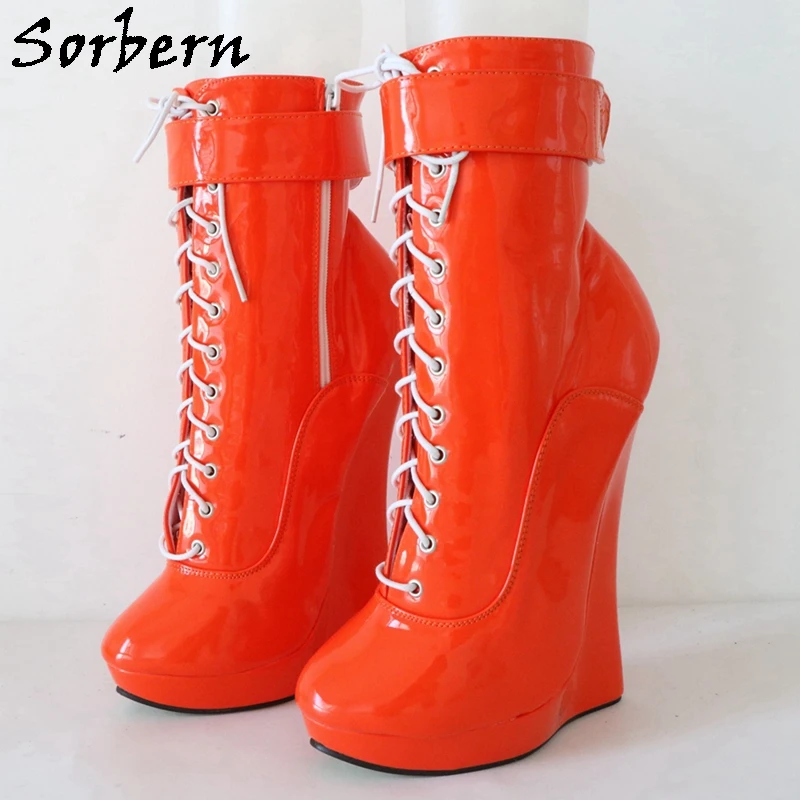 Sorbern 18CM Women Ankle Boots Wedges Shoes Orange Shiny Buckle Strap Ladies Unisex Shoes Patent Leather Custom Made Color
