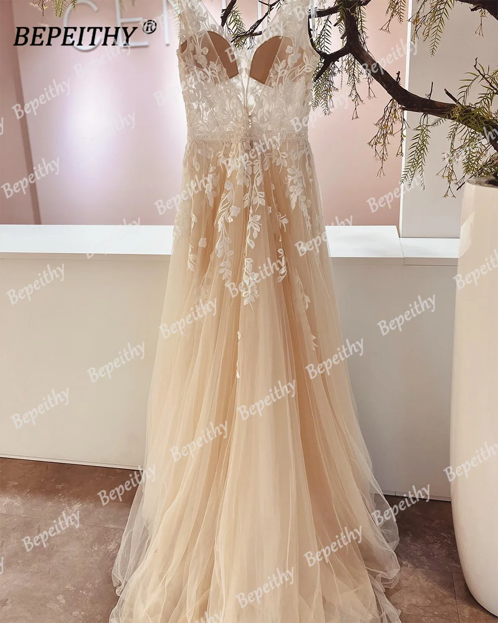 BEPEITHY A Line Beach Champagne Wedding Party Dresses With Sweep Train 2023 Women V Neck Lace Ivory Boho Bridal Gown With Belt