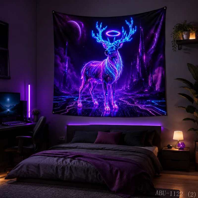 VIKAMA Purple Fantasy Starry Sky Snow Mountain Lake Elk Christmas Tapestry, HD Wall Background, Magical Room Decor