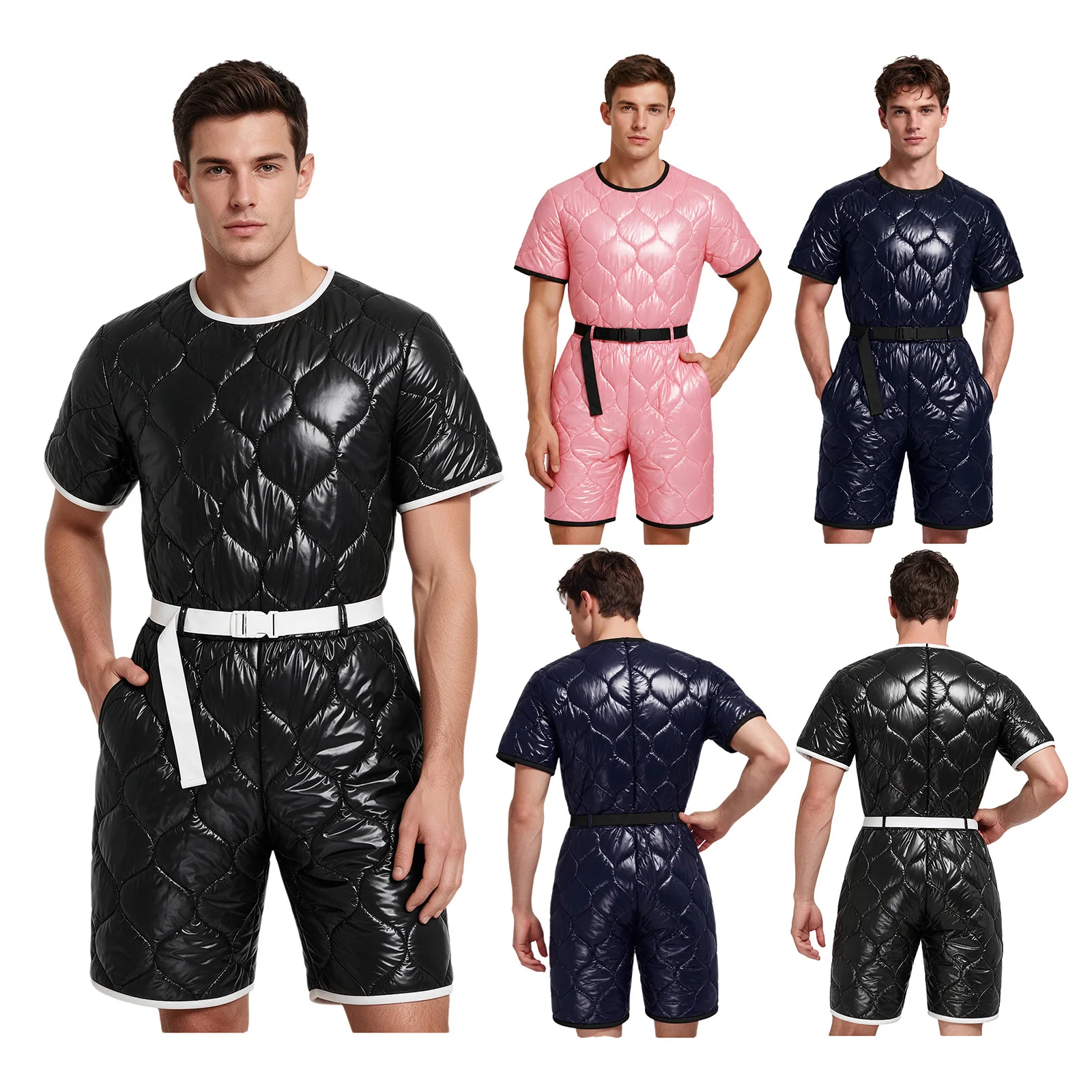 Mens Water Resistant Padded Jumpsuit Short Sleeve Back Invisible Zipper Thigh Length Bodysuit with Pockets And Adjustable Belt view 4