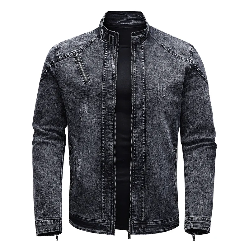 Chaqueta de mezclilla de motocicleta para hombre, abrigos de mezclilla de cuello alto, cremallera Retro, algodón ajustado, prendas de vestir