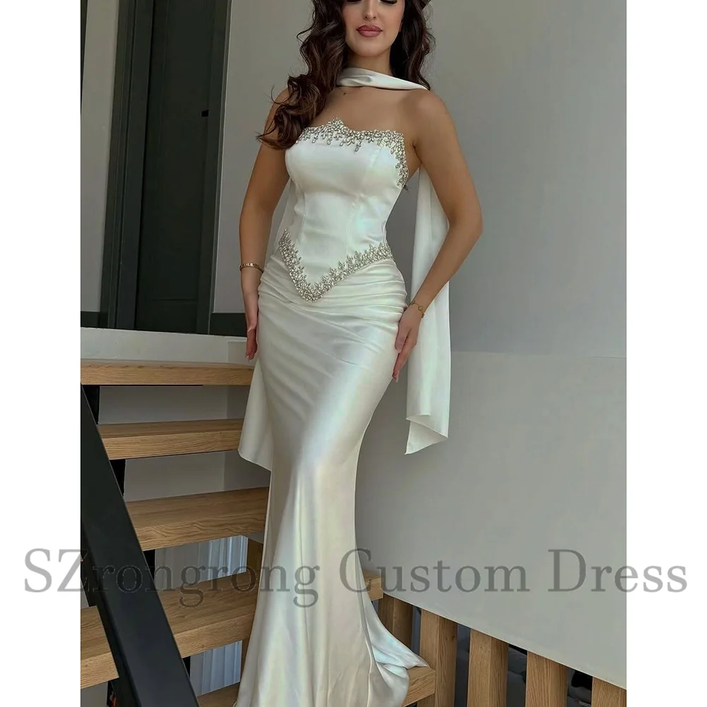 

Custom Made Fantastic Two-Pieces Mermaid Sexy Bridal Evening Gown Backless Floor Length Beaded Crystal Prom Dress with Shawl