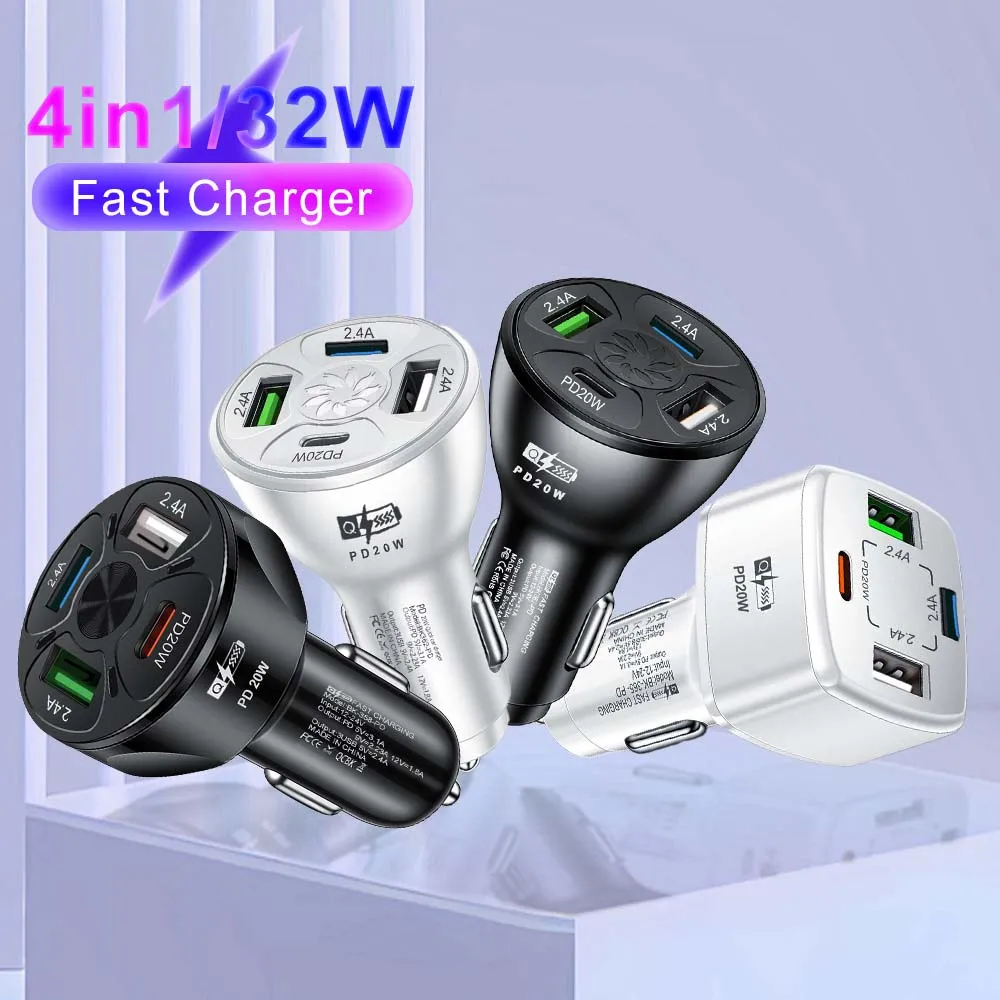 32W 4Ports Autoladegerät Typ-C Handy-Autoladegerät 3USB+PD Schnellladung PD für iPhone Samsung Huawei Xiaomi