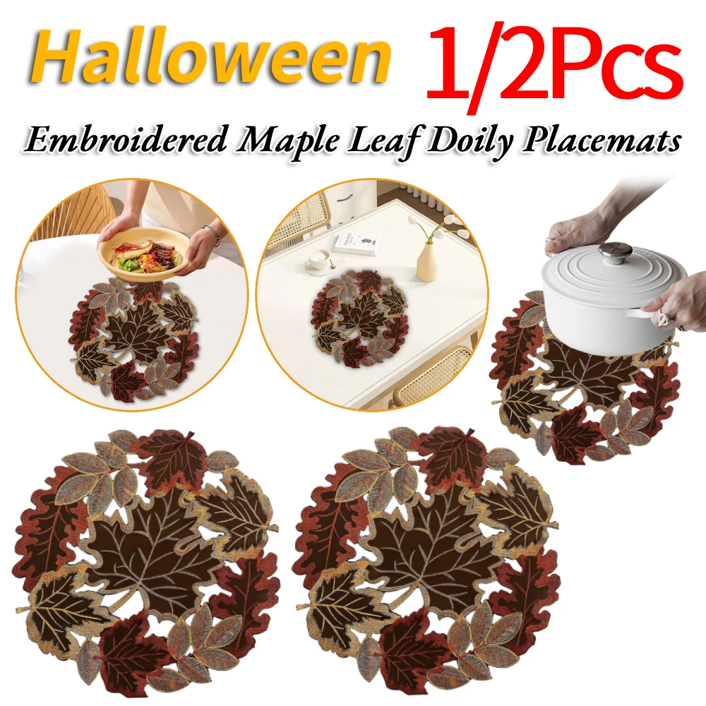 

1/2Pcs Embroidered Maple Leaf Round Doily Placemats with Lace Fall Thanksgiving Maple Leaf Hollow Table Runner for Party Dining