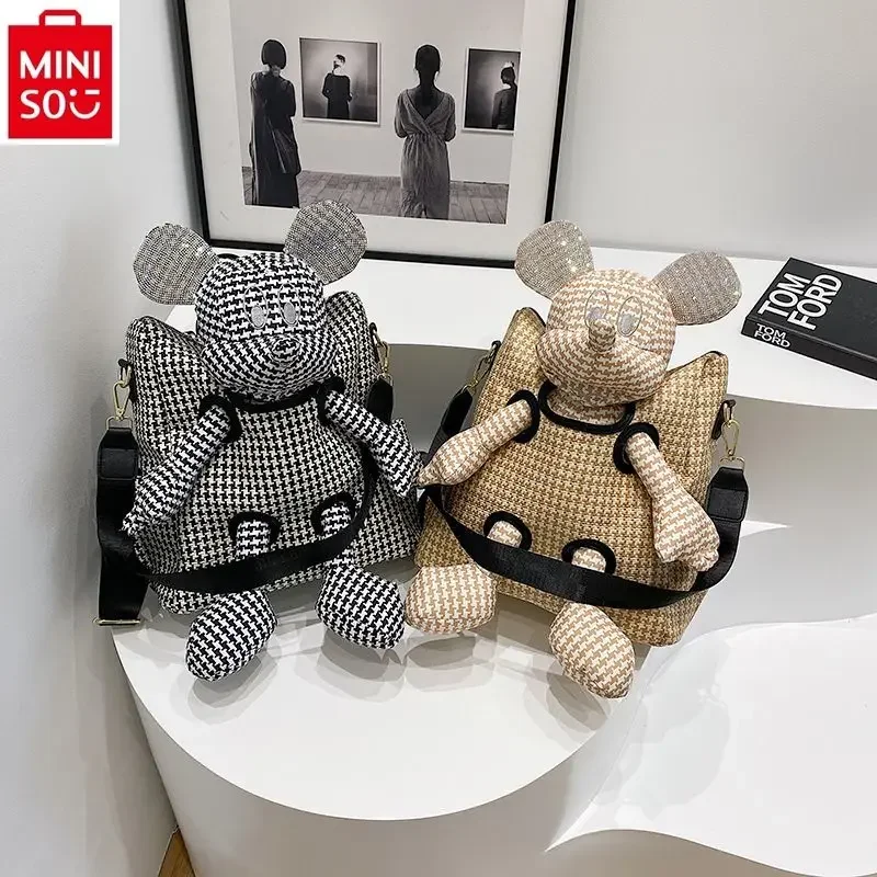 MINISO Disney Mickey Doll wysokiej jakości plecak moda damska diamentowa krata o dużej pojemności podręczna torba na ramię