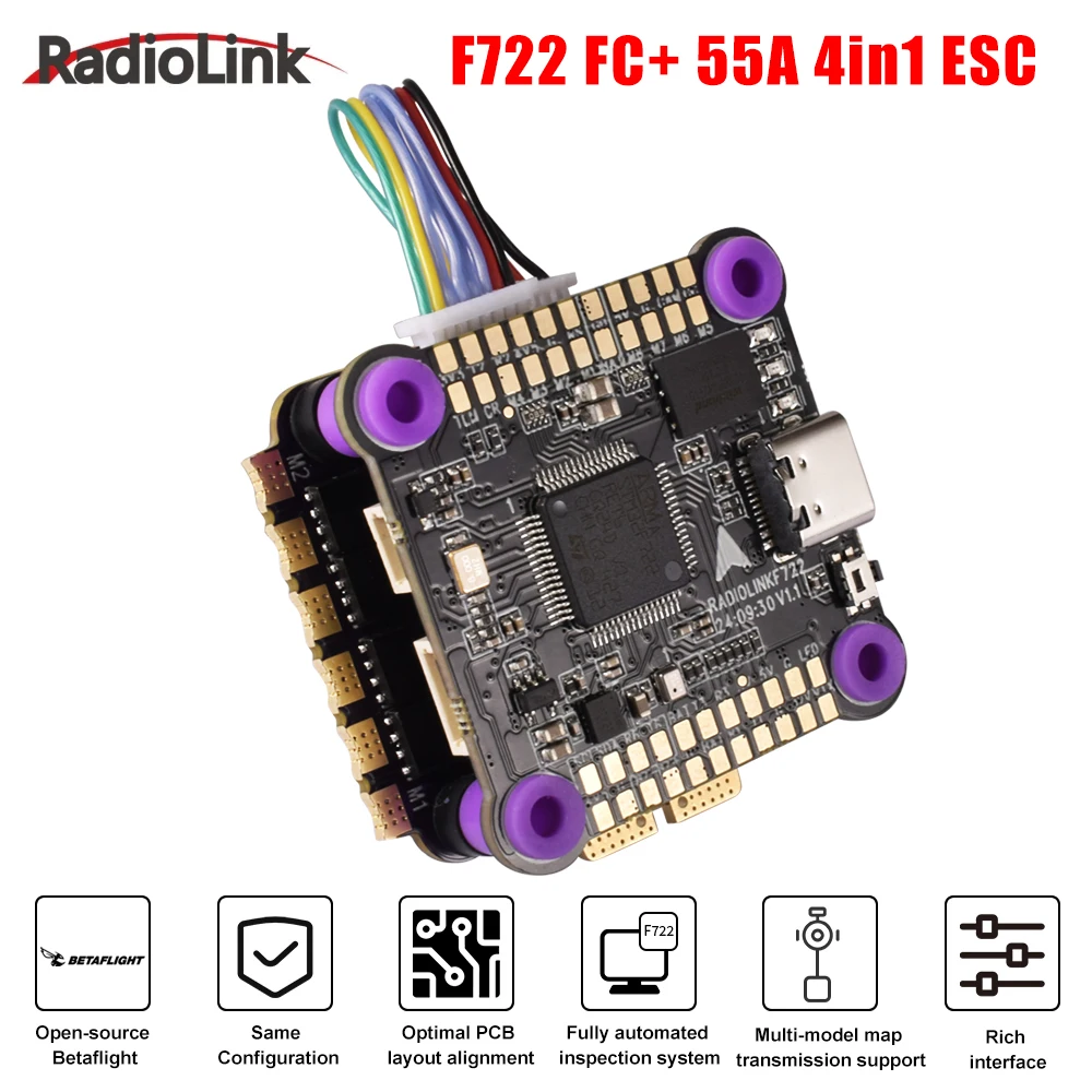 

Radiolink F722 Flight Control ICM42688 Gyro 128MB Black Box 3-6S 3.3V/4.5/5V/12V With 55A 4-IN-1 ESC For Fixed-wing Helicopter