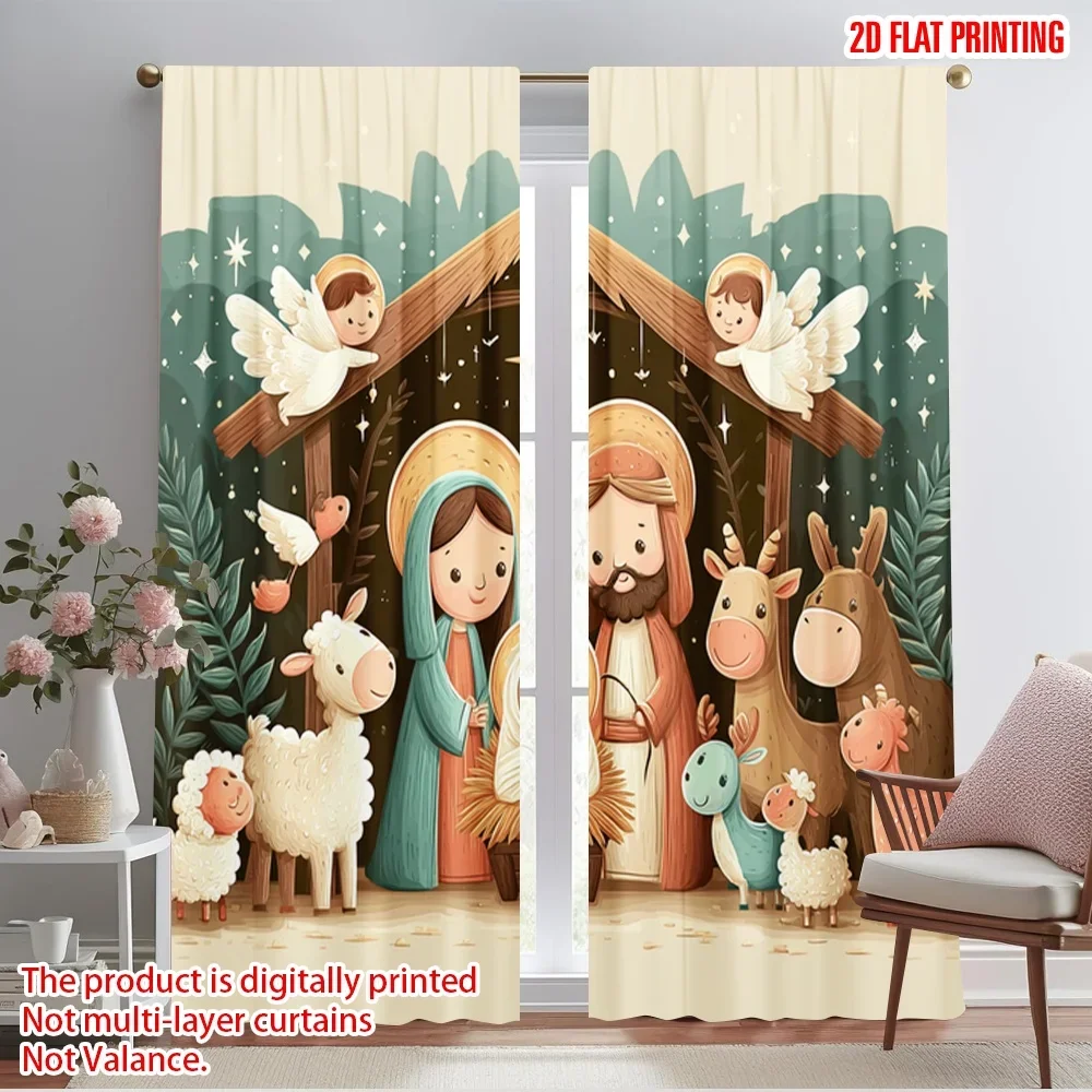 2pcs,2D plane printing Popular Curtains Christmas Nativity Scene Polyester Fabric (without rod) Room Decor Ldeal for Room,