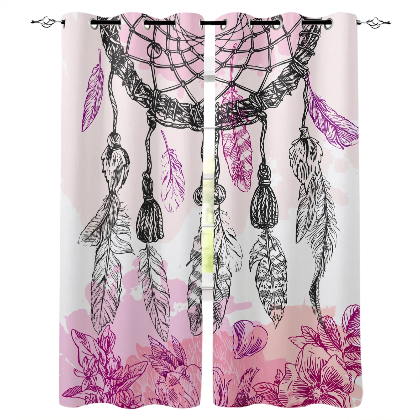

Розовые затемняющие шторы «Ловец снов» с круглыми перьями, оконные занавески для спальни, гостиной, декоративные оконные принадлежности