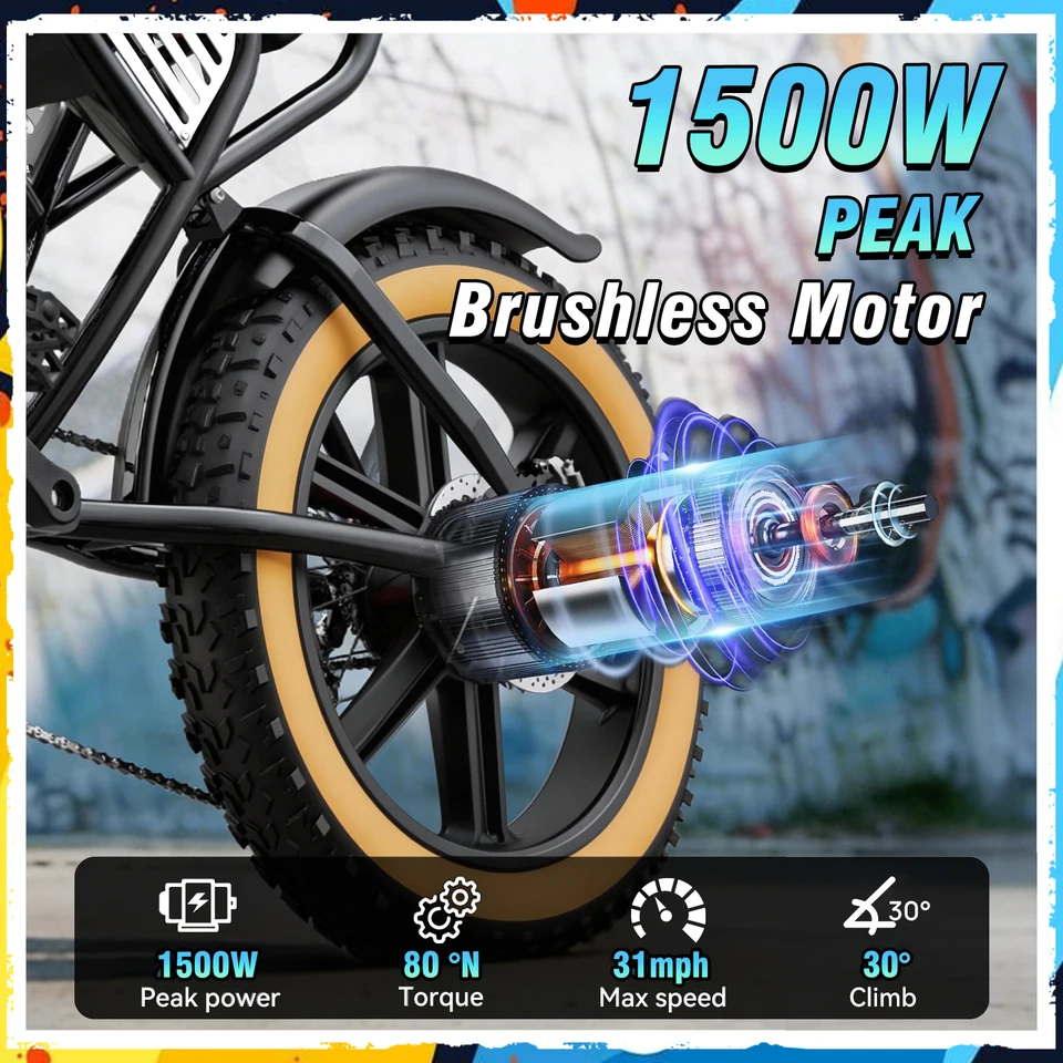 Ridstar Q30Luxelite Motor 1500W Electric Bike for Adults 31 MPH Battery 48V 15.6Ah  20" Electric Dirt Bike 7-Speed image 3
