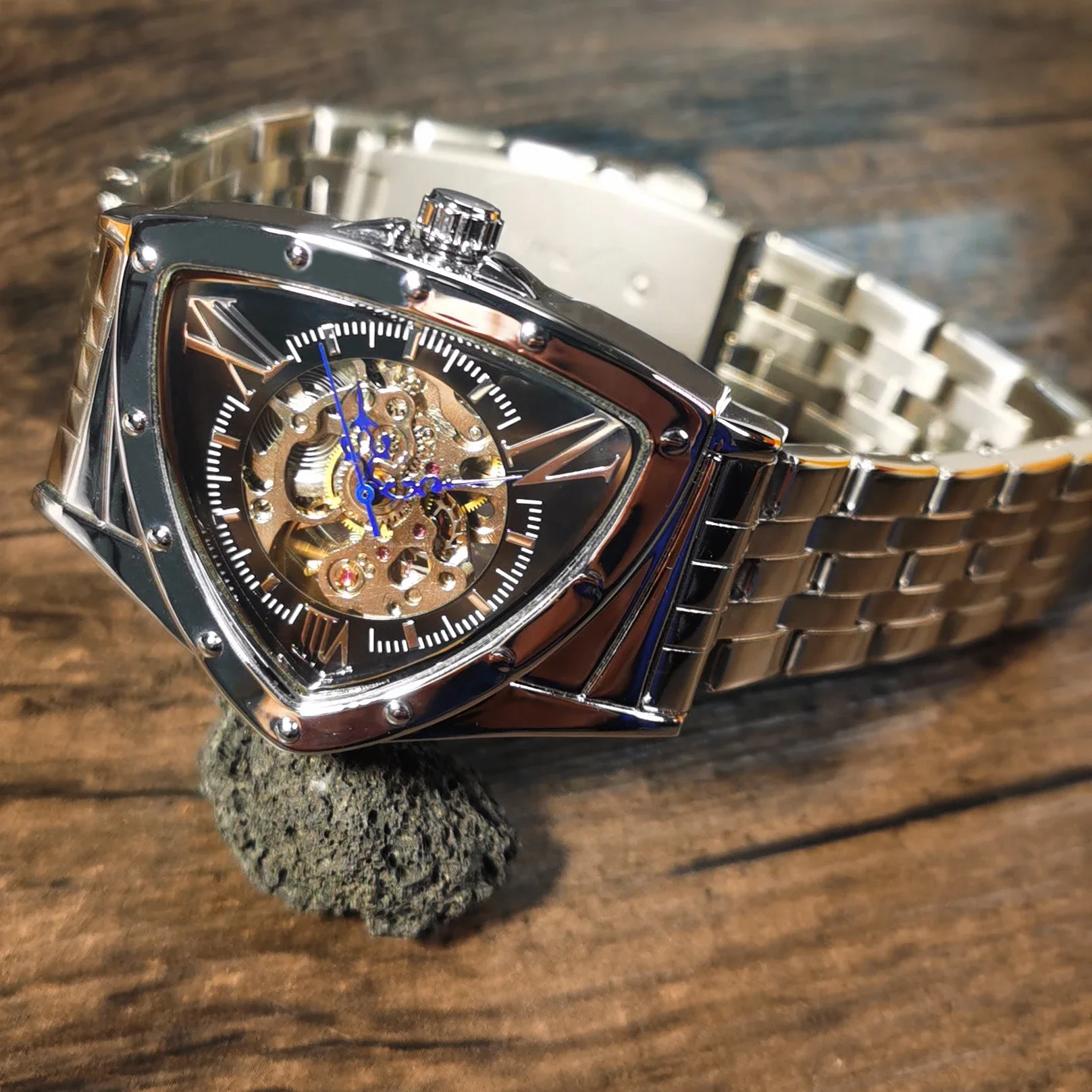 الفائز-ساعة يد رجالية ، فاخرة ، ذهبية ، فولاذ مقاوم للصدأ ، هيكل عظمي ، ميكانيكية ، رياضية