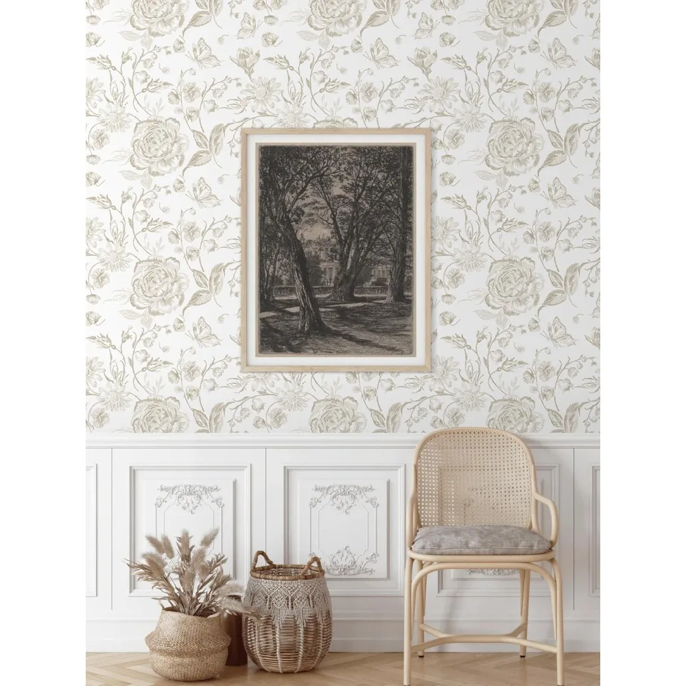 ورق جدران قابل للتقشير واللصق، ورق حائط مزين بالزهور، ورق اتصال مطرز بوهو لغرفة النوم، ورق حائط للحمام، بيج وأبيض قابل للإزالة S