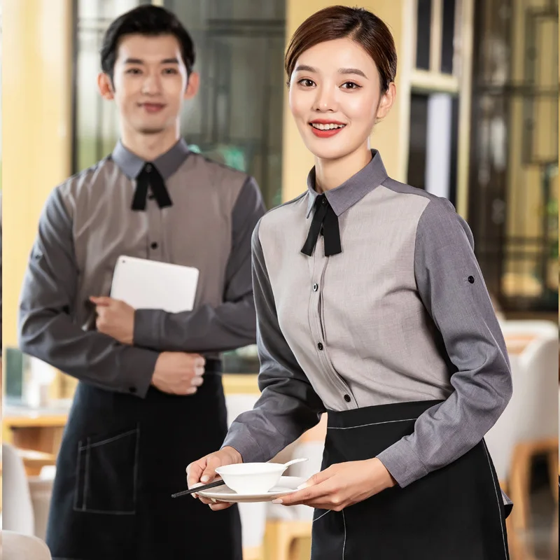 Bow Tie Shirt Catering Waiter Workwear Autumn and Winter Long-Sleeved Hot Pot Restaurant Barbecue Milk Tea Canteen Fast Food Sup