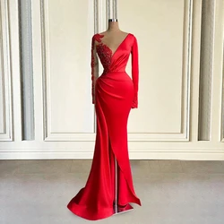 Red Beaded Prom Dresses Luxury Mermaid Appliques Long Sleeve High Slit Women Formal Evening Gowns Wedding Party Customized