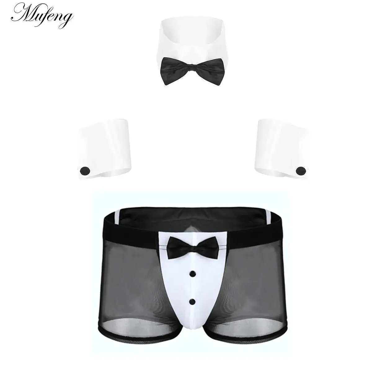 3Pcs Mens Waiter Cosplay Costume Lingerie Suit Open Back Tuxedo G-string Thong Underwear with Bow Tie Collar and Bracelets