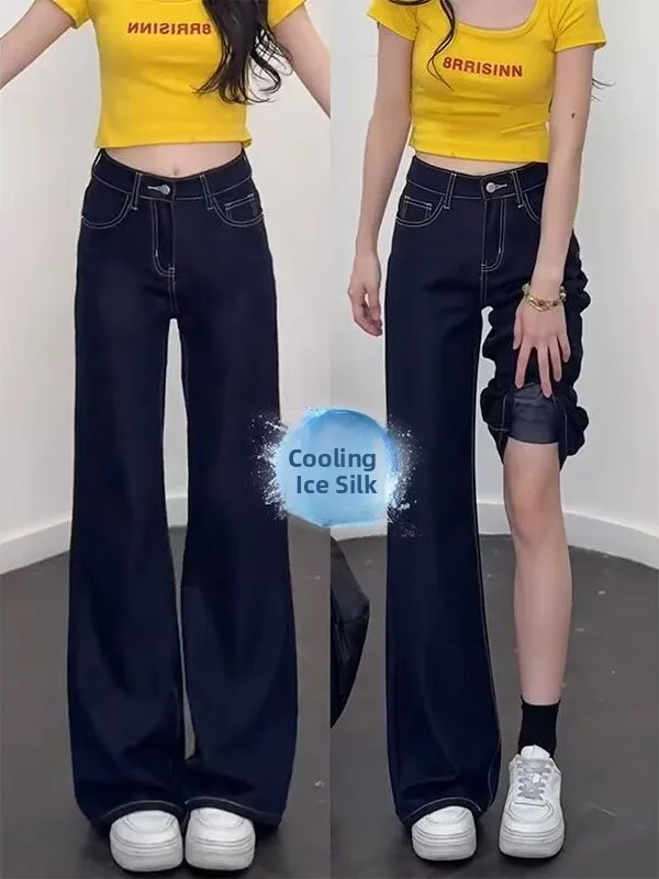 

Summer Thin High Waist Ice Silk Women's Jeans Bell Bottoms Drapey Elastic Straight Leg High Waist Zipper Closure
