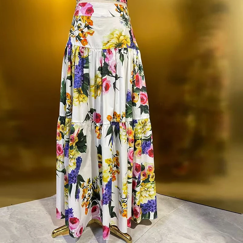 100% Cotton High Waiste Skirt Flower Print Elegant Party Long Dresses For Women 2024 Luxury Brand