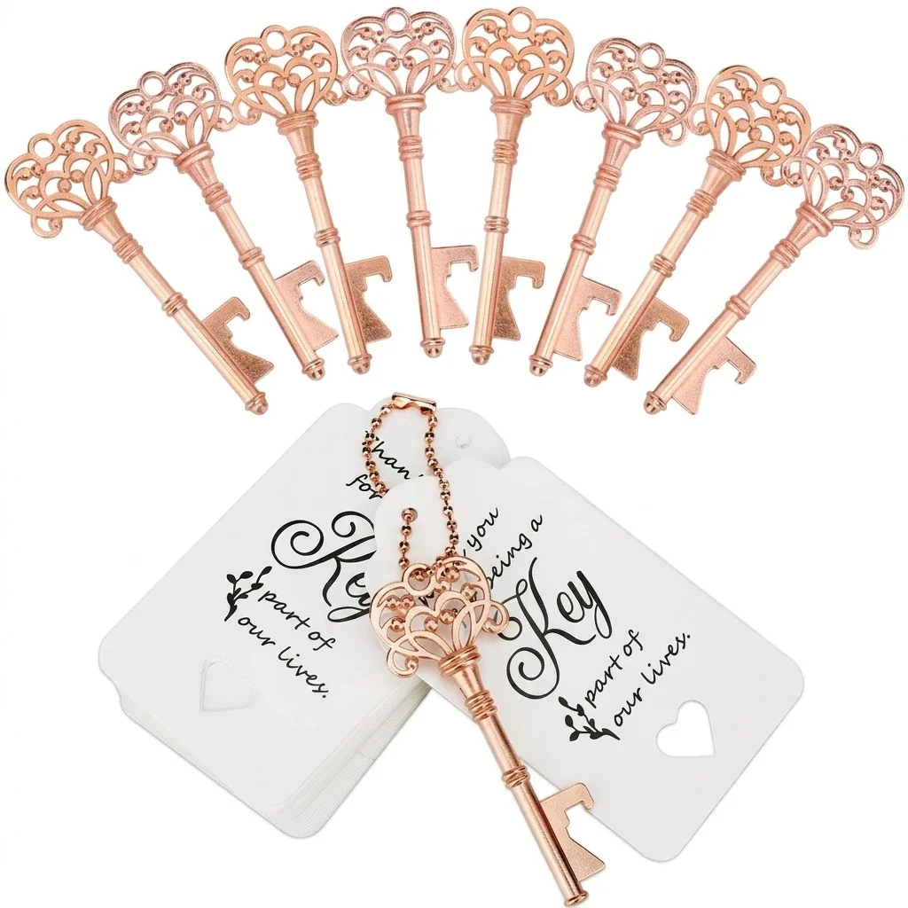 Elegant Bottle Opener Crown Key Shape for Wedding Party Favors, Vintage Zinc Alloy Beer Openers with Beaded Chain and Cards