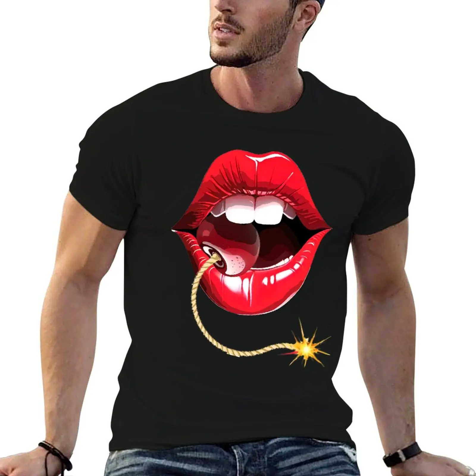 Spy Agent Aiden (sam Rockwell) Argylle Cherrybomb Lips T-Shirt heavyweights vintage men workout shirt