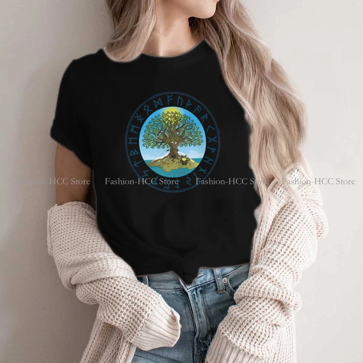 Yggdrasil Pattern Polyester TShirt for Women Odin Cat Basic Summer Sweatshirts T Shirt Novelty Trendy