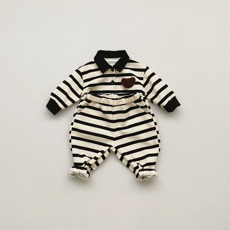 

Ins Autumn Korean Baby Boys 2PCS Clothes Set Cotton Striped Long Sleeve Polo Shirts Loose Pants Suit Toddler Boys Outfits