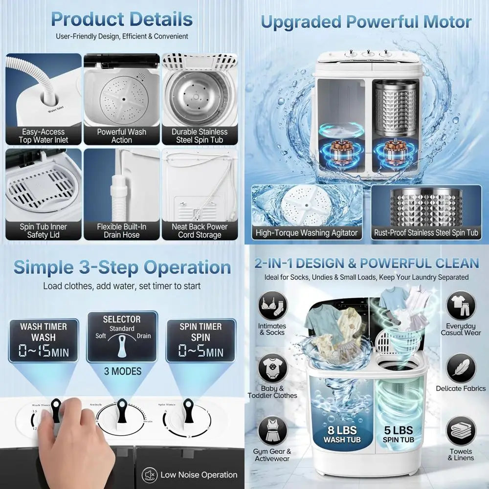 

Портативная стиральная машина с двумя баками, вместимостью 13 фунтов, функциями стирки и отжима, гравитационным сливом для небольших помещений, кемпинга, общежитий и автодомов