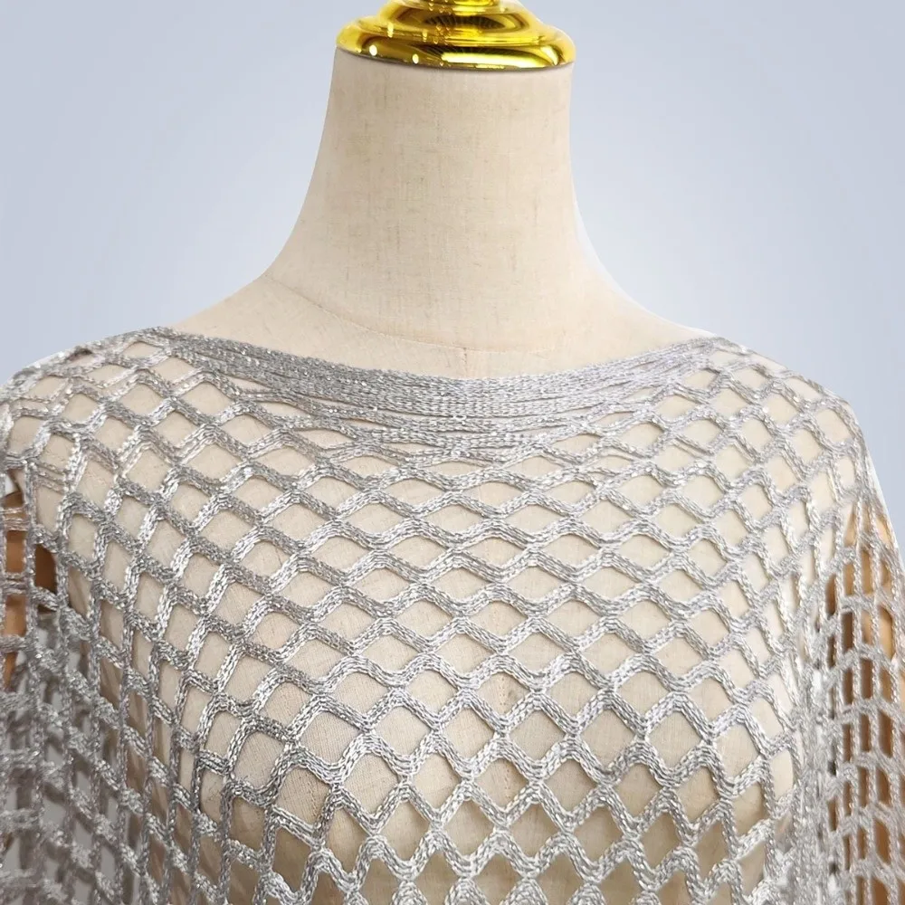 Solid Color Tassel Sunscreen Cover-up Crochet Plus Size Knit Hollow Out Top Casual Loose Fit Fishnet Swimsuit Cover Up Vacation view 3