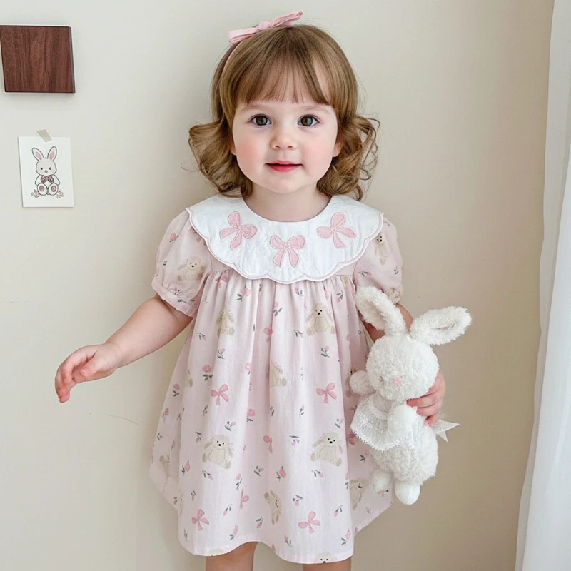 2026 Summer New Hot selling Girl's Doll Collar Bow Patch Pink Floral Half Sleeve Dress