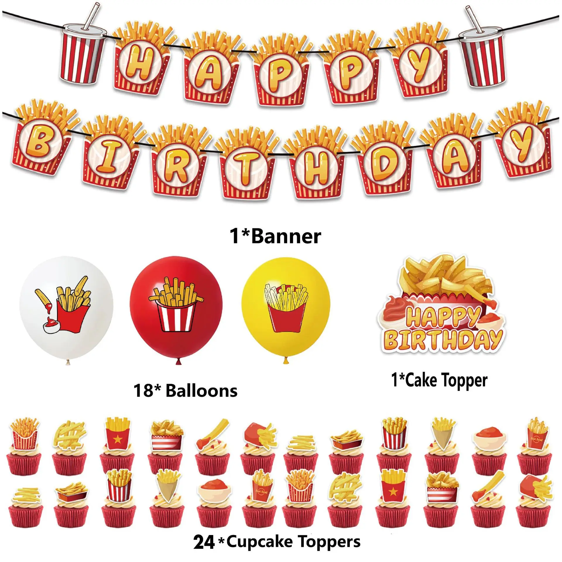 French Fries Theme Birthday Party Decorations for Children French Fries Balloon Happy Birthday Banner Cake Topper Supplies