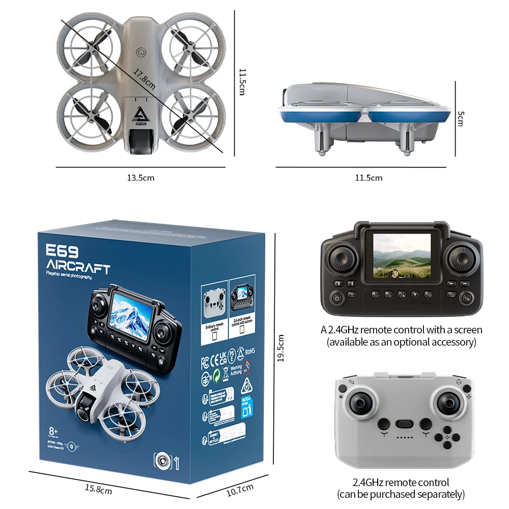 E69 Advanced Circle Drone, hochauflösende Dual-Kameras, Schwebeflug mit optischem Durchfluss, Nachtsichtlichter, Flugbahnflug, Quadcopt