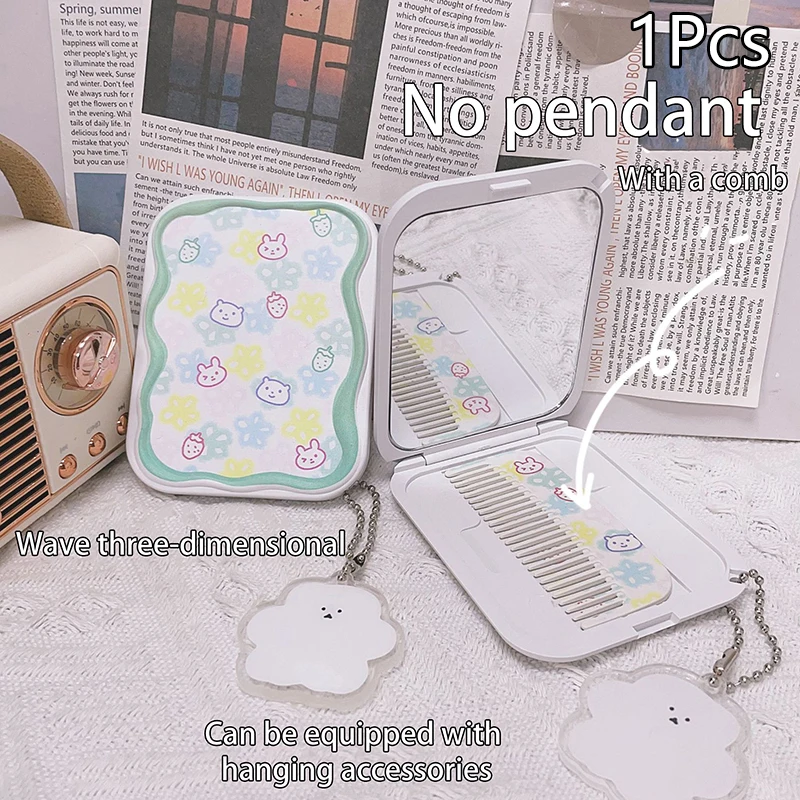 귀여운 만화 작은 곰 접이식 클램셸 거울, 메이크업 거울, 빗 포함, 휴대용 크리에이티브, 여자 핸드헬드 거울