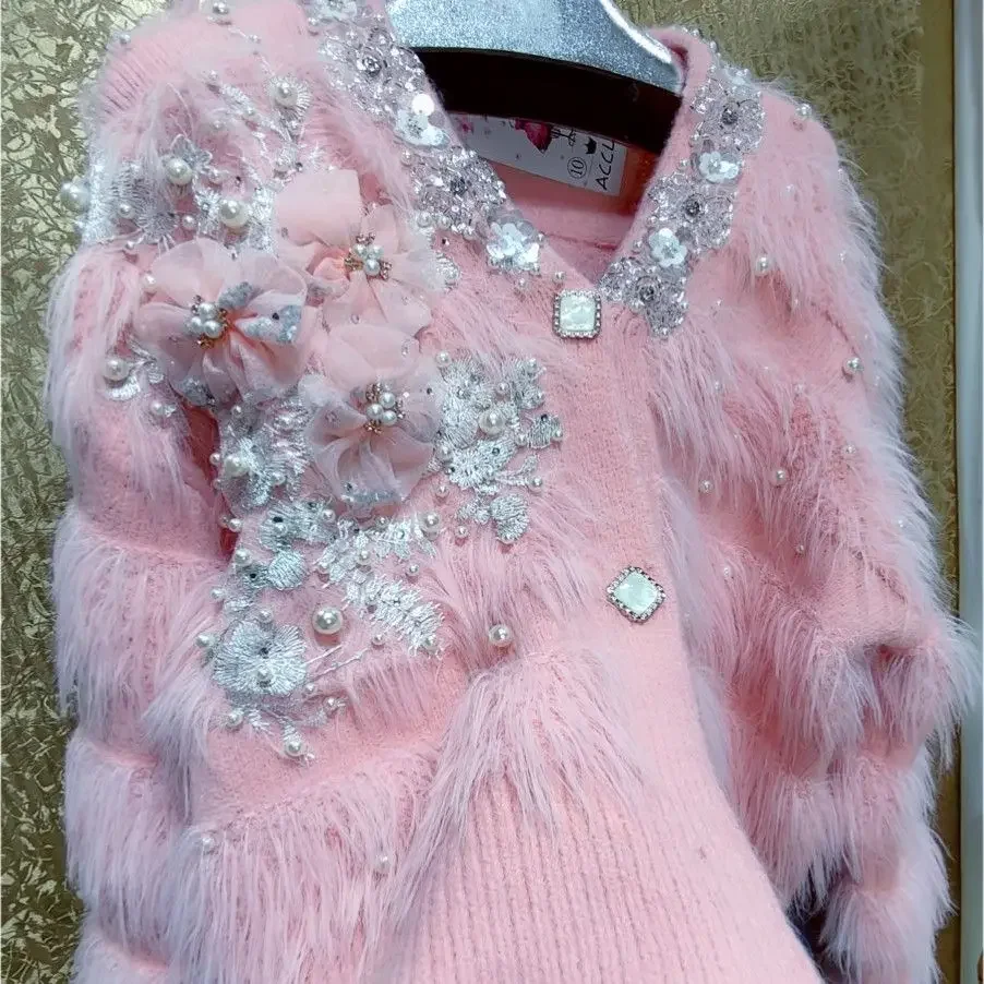 Fairy Pearls Beaded Pink Big 3D Flowers Sequins Plush Sweater Coat Diamonds V-Neck Floral Knitted Cardigan Furry Knitwear Tops