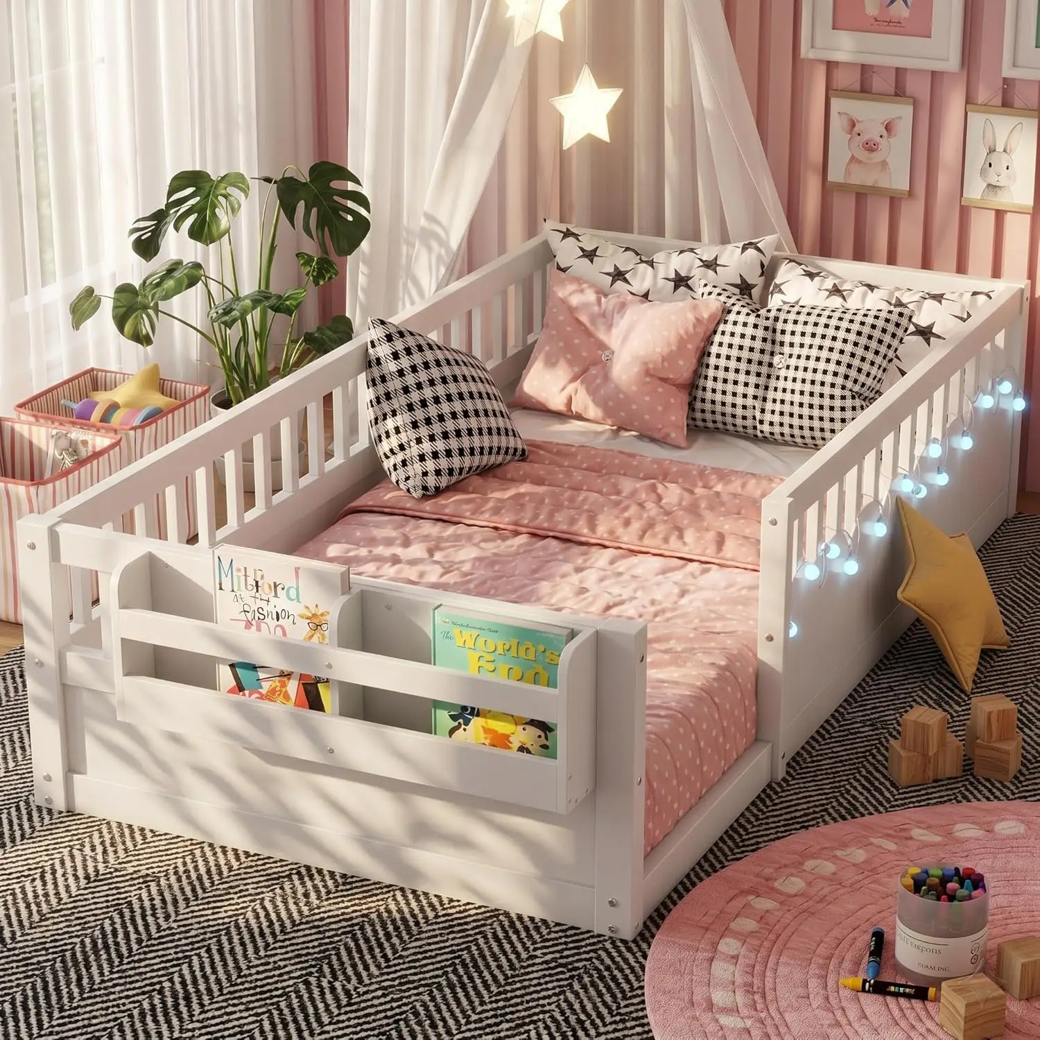 Toddler Floor Bed Twin High Rails Wooden Montessori Frame Light Storage Shelf Kids Boys Girls White